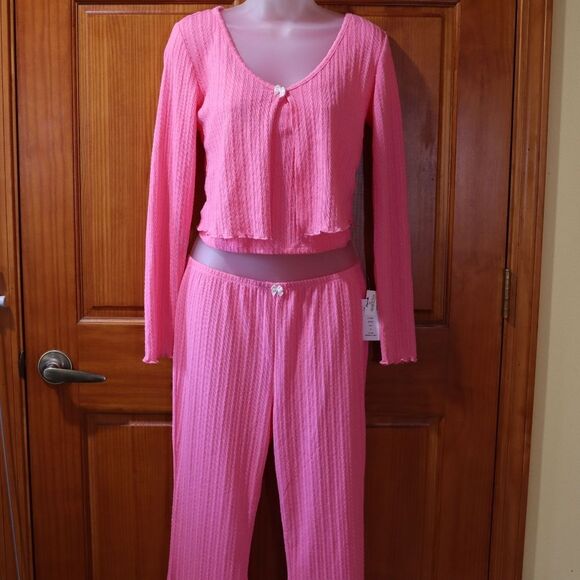 Wild Skye Pink Ribbed Knit  Flare Loungewear Matching Set Med NWT - Picture 2 of 14